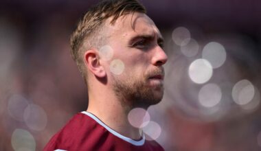 Jarrod Bowen of West Ham United walks out for the Premier League match between West Ham United FC and Southampton FC at London Stadium on April 19,...