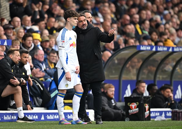 Daniel Farke, Manager of Leeds United, gives instructions to Harry Gray of Leeds United before substituting him on during the Sky Bet Championship ...
