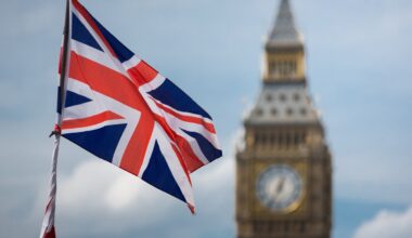 London's Big Ben clock tower and British flag