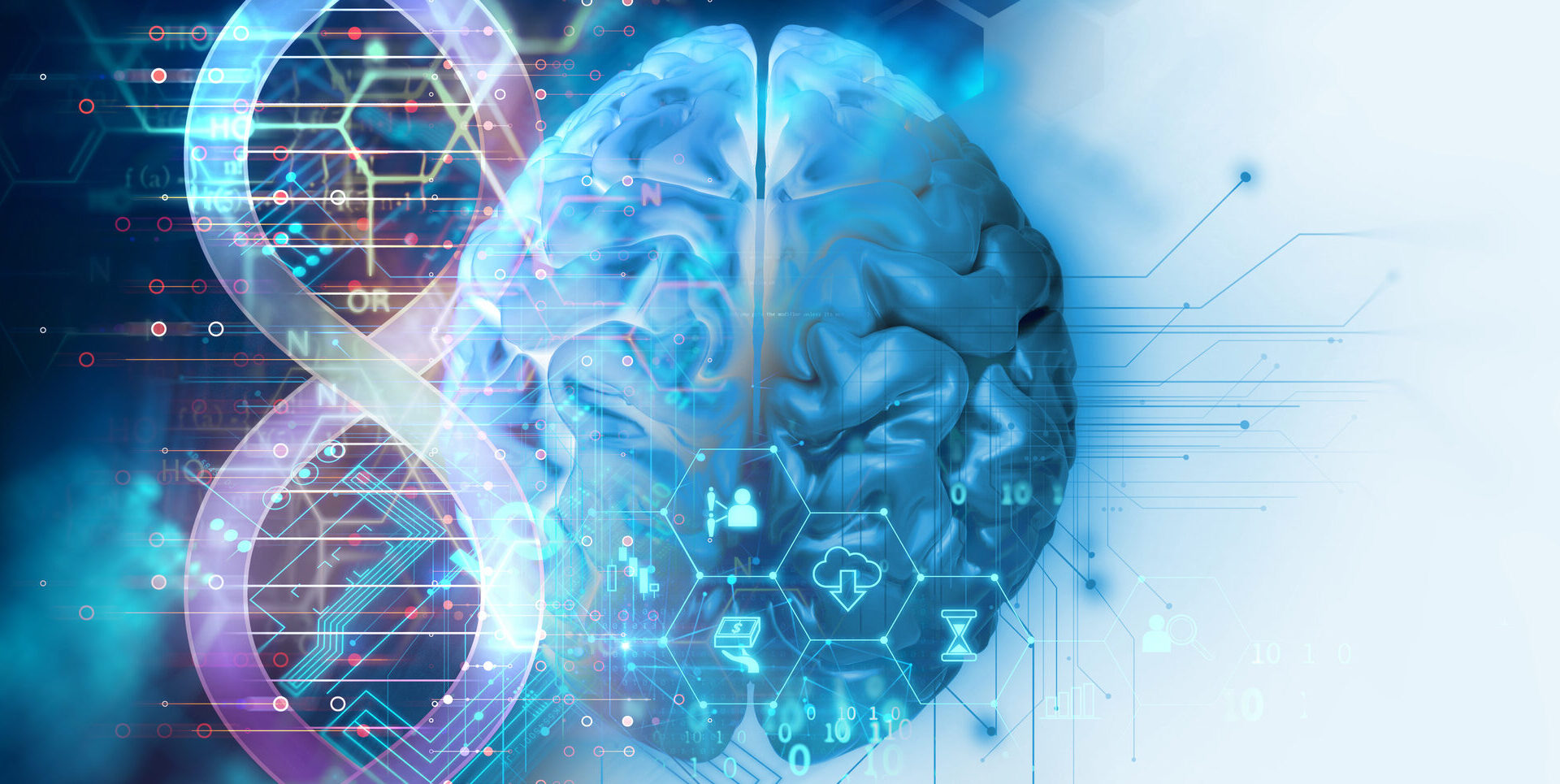 3d illustration of brain on dna molecules  abstract technology background