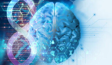 3d illustration of brain on dna molecules  abstract technology background