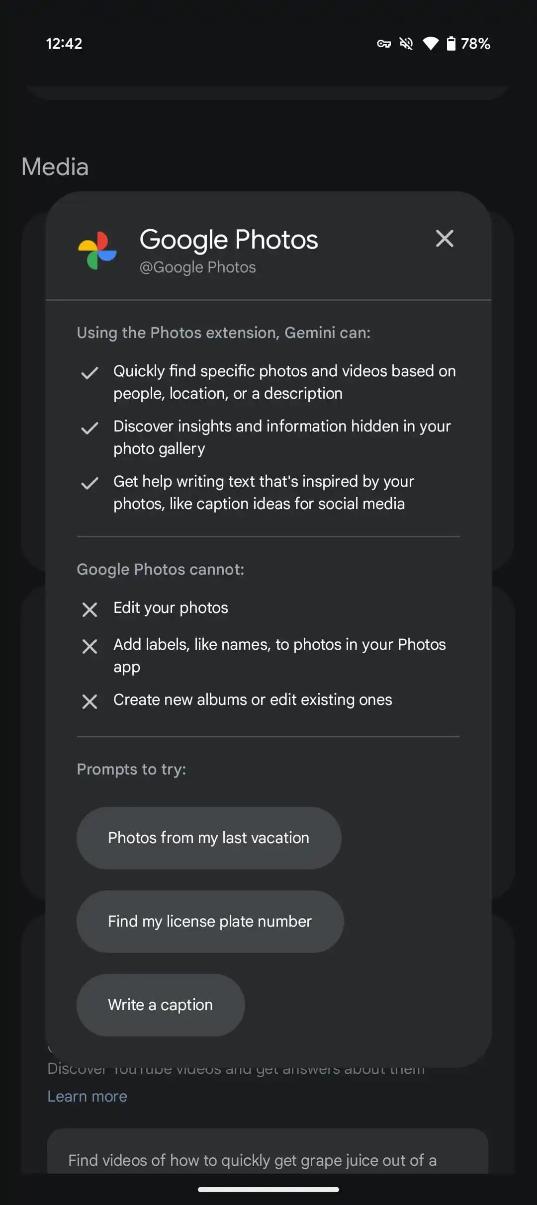 google gemini android app google photos integration description