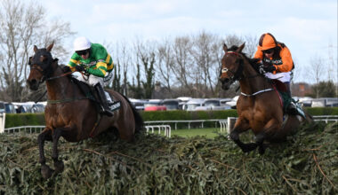 Any Second Now and Noble Yeats jump a fence in the Grand National