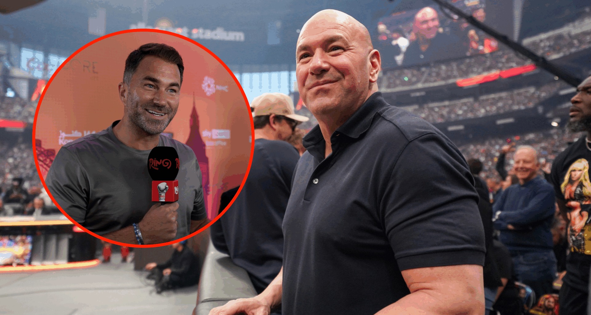 Dana White attends WrestleMania 41 Saturday at Allegiant Stadium with an inset of Chairman of Matchroom Boxing Eddie Hearn during today's Grand Arr...