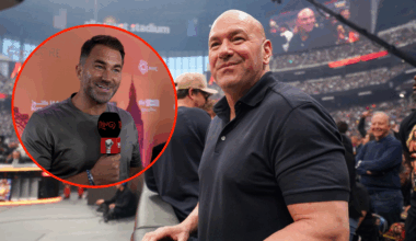 Dana White attends WrestleMania 41 Saturday at Allegiant Stadium with an inset of Chairman of Matchroom Boxing Eddie Hearn during today's Grand Arr...