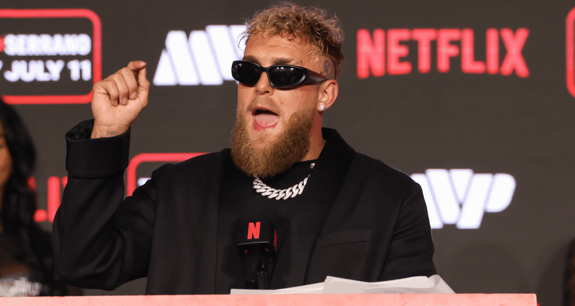 Jake Paul speaks with the media during a press conference for Katie Taylor vs. Amanda Serrano 3