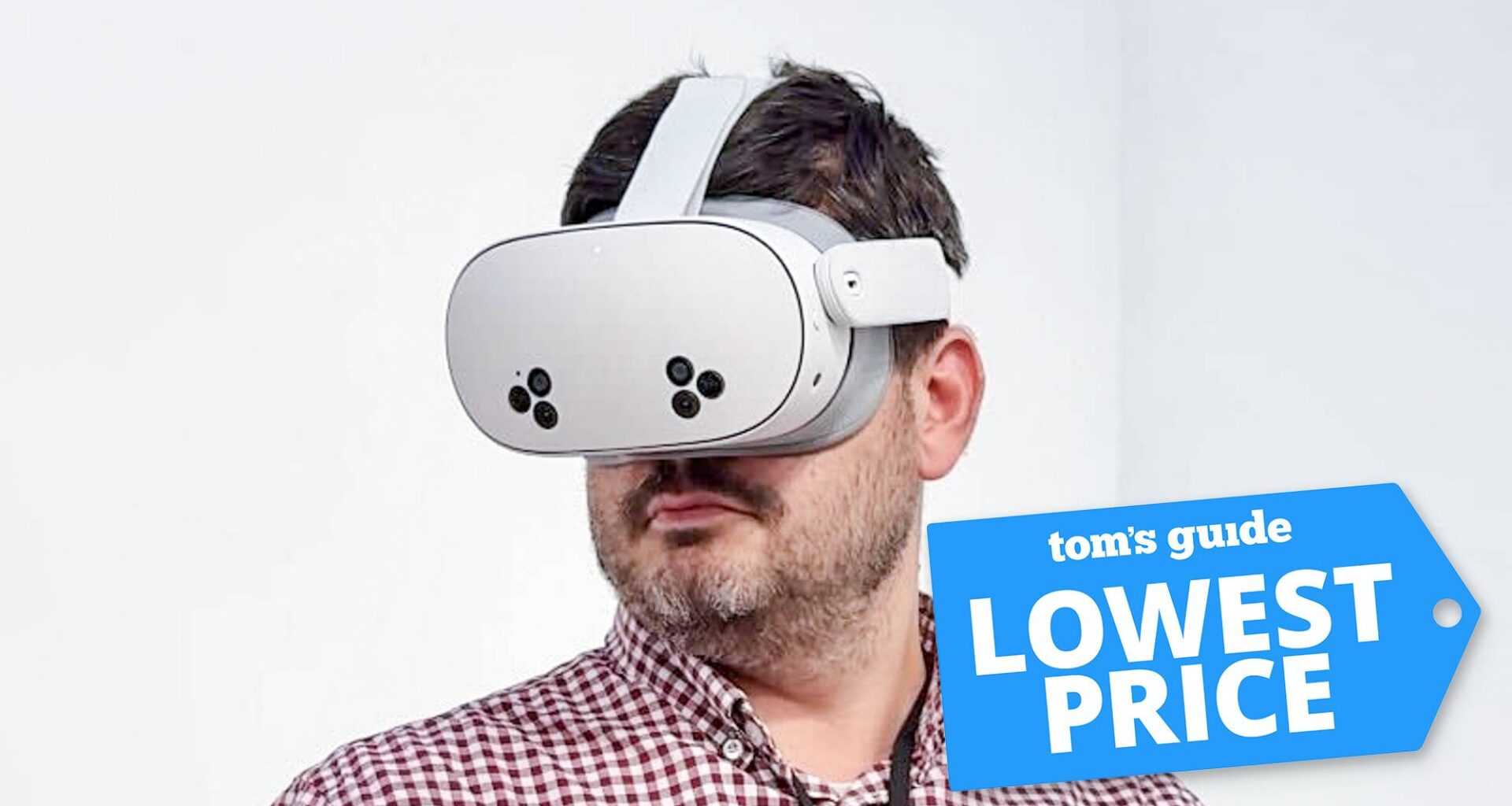 Meta Quest 3S on person with Tom's Guide Lowest Price badge