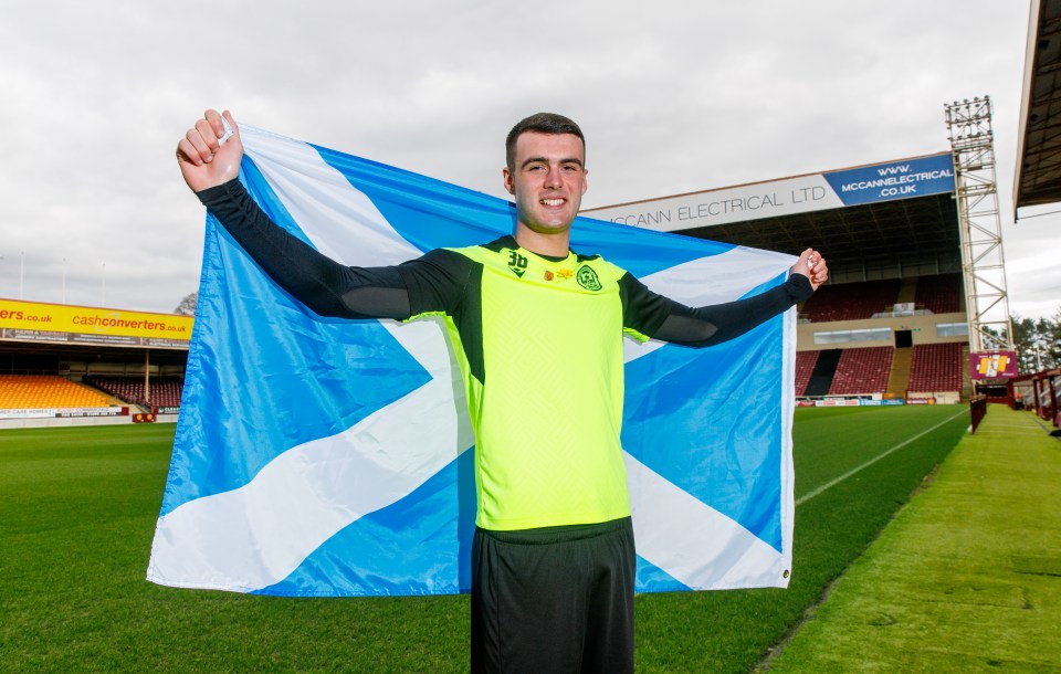 13.03.2025 Motherwell press conference .................................. Lennon Miller celebrates his call up to the Scotland squad