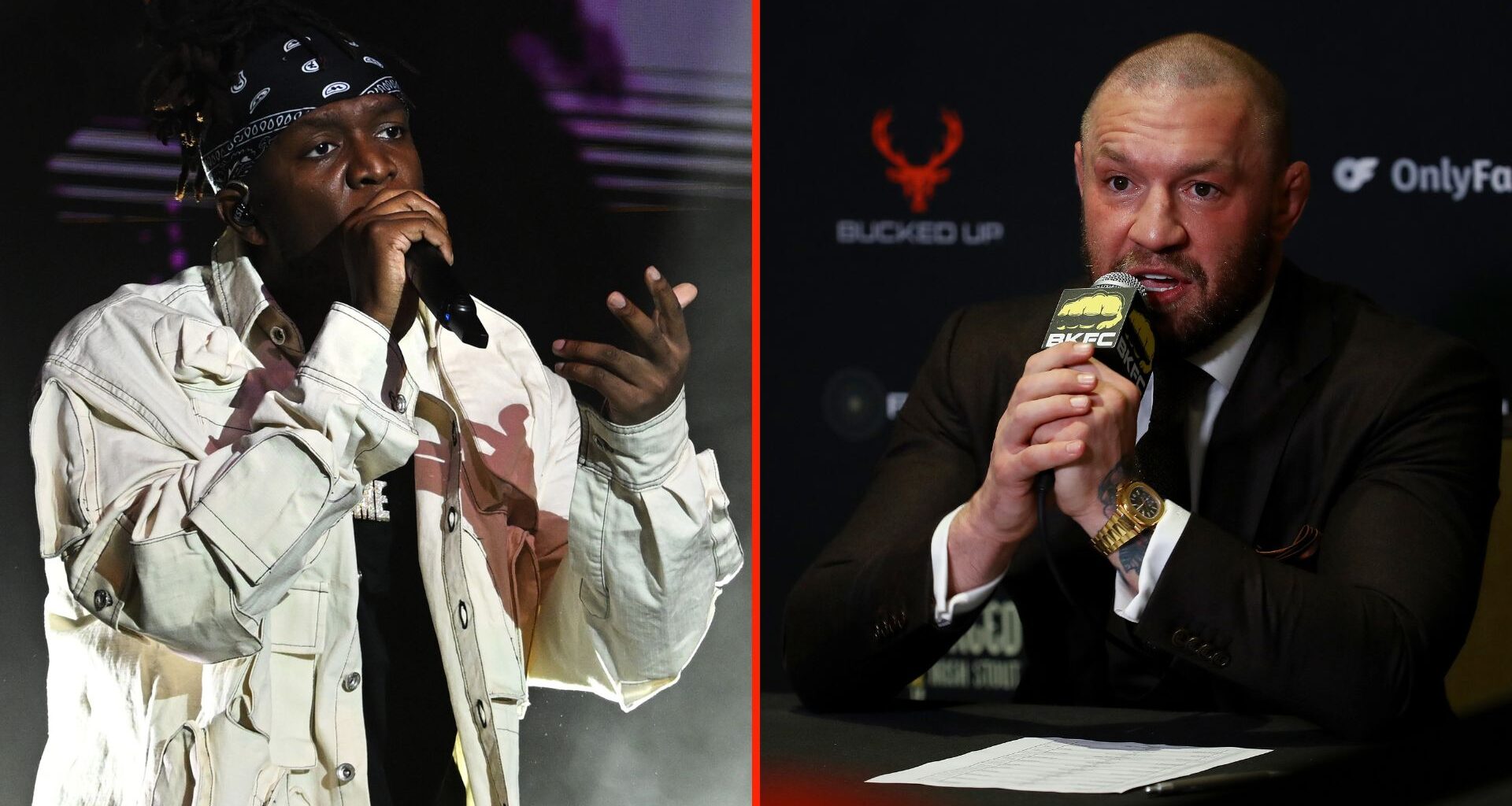 Split image of KSI performing, and Conor McGregor at a press conference.