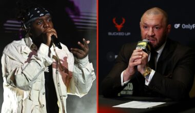Split image of KSI performing, and Conor McGregor at a press conference.