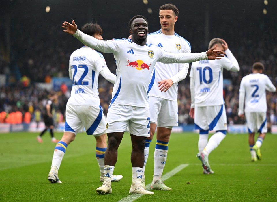 LEEDS, ENGLAND - APRIL 21: Wilfried Gnonto of Leeds United celebrates scoring his team's sixth goal during the Sky Bet Championship match between Leeds United FC and Stoke City FC at Elland Road on April 21, 2025 in Leeds, England. (Photo by Michael Regan/Getty Images)