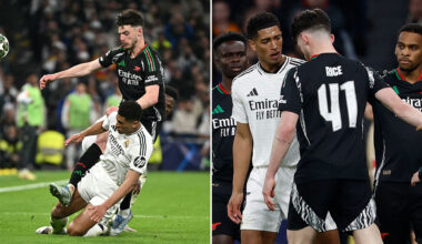Jude Bellingham squares up to England pal Declan Rice as tempers risk boiling over in Real Madrid vs Arsenal clash