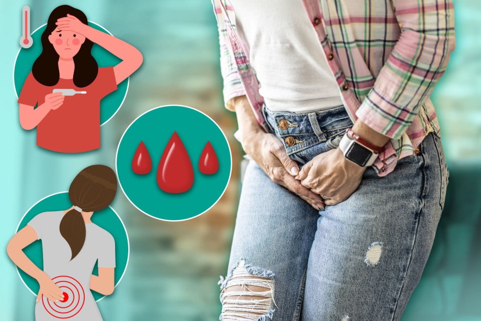 Illustration of woman experiencing UTI symptoms: fever, back pain, and blood in urine.