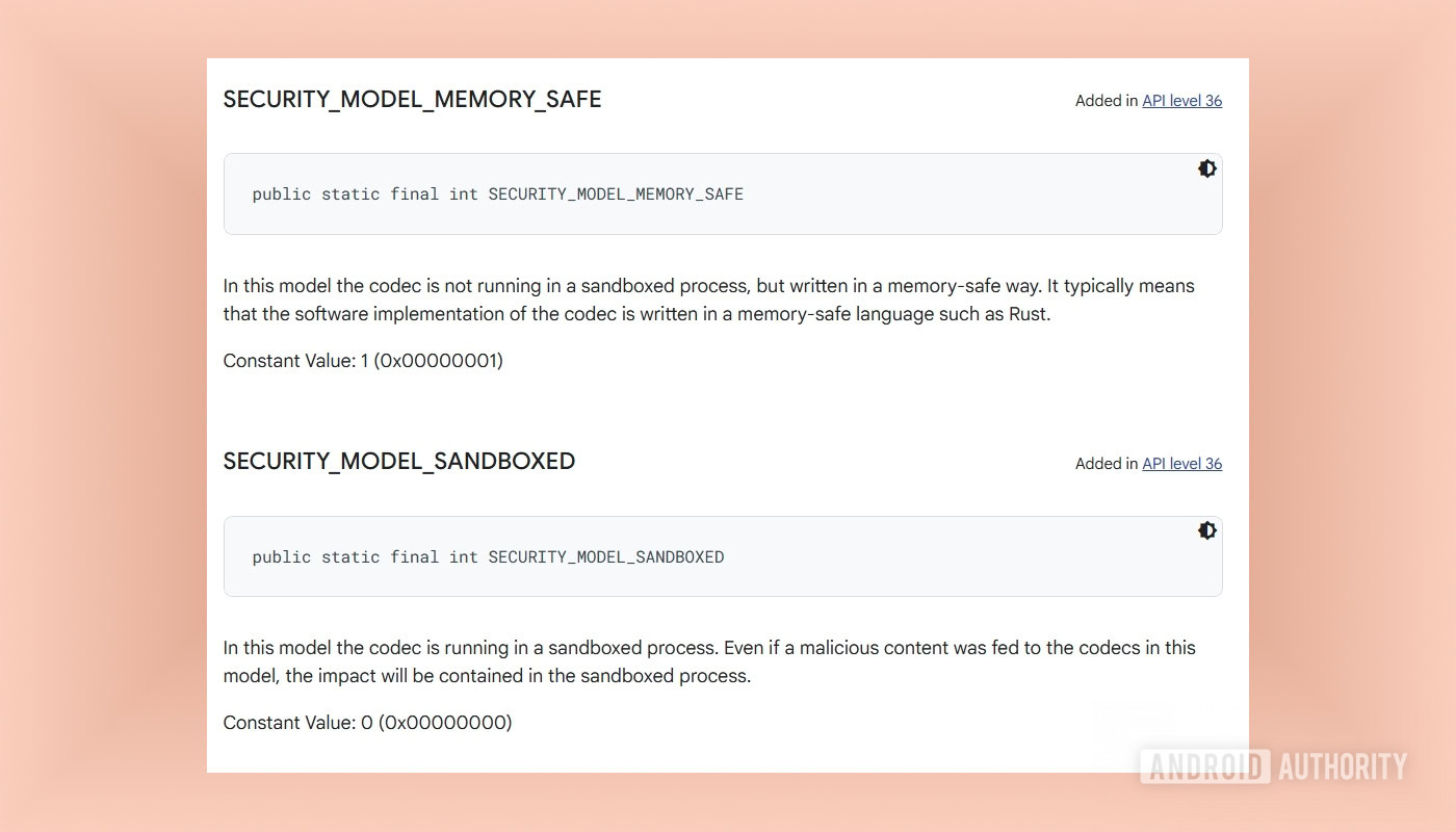Media codec security model constants in Android 16