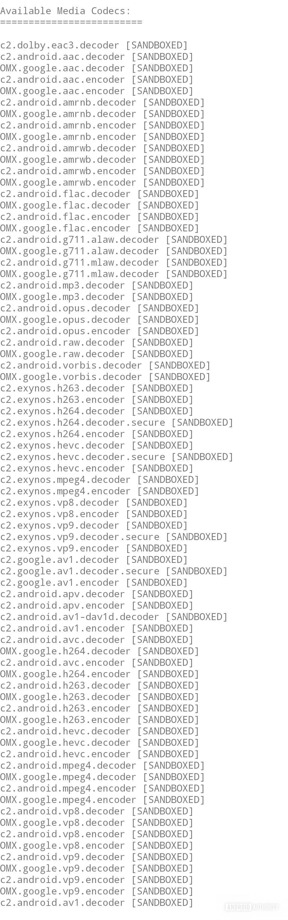 Media codec list on Pixel 9 Pro
