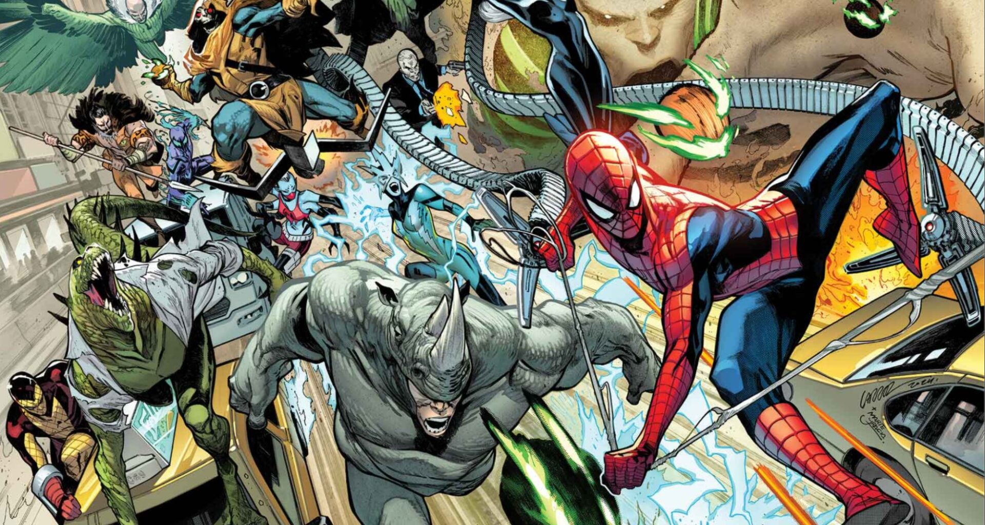 Spider-Man on the run from a legion of his villains from The Amazing Spider-Man #1 2025