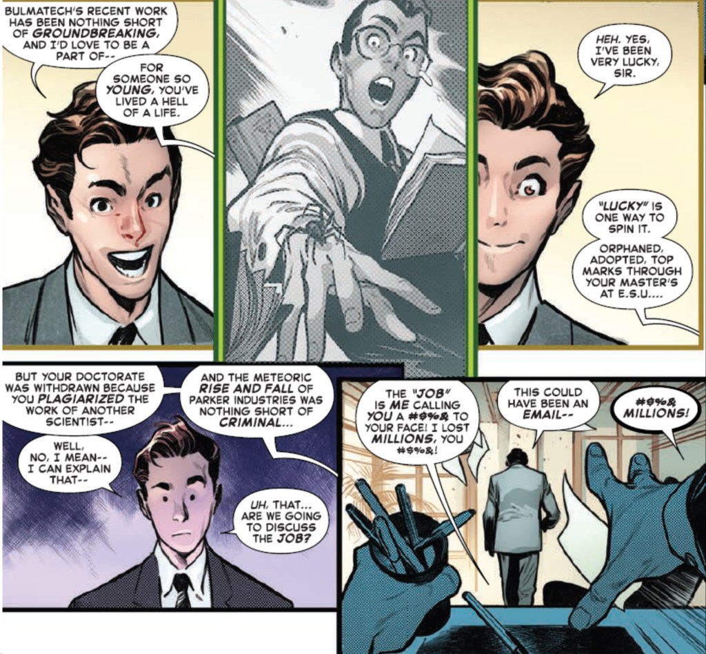 Peter Parker at a job interview, where Parker Industries costs him the job