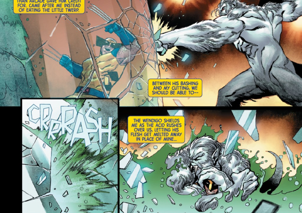 Wolverine and Wendigo trying to break through a glass dome and succeeding in Wolverine #8