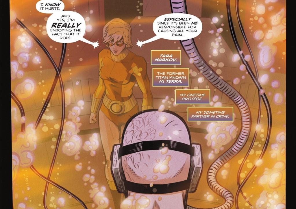 Terra standing in front of Deathstroke, whose in a glass tube full of amber liquid in an oxygen mask