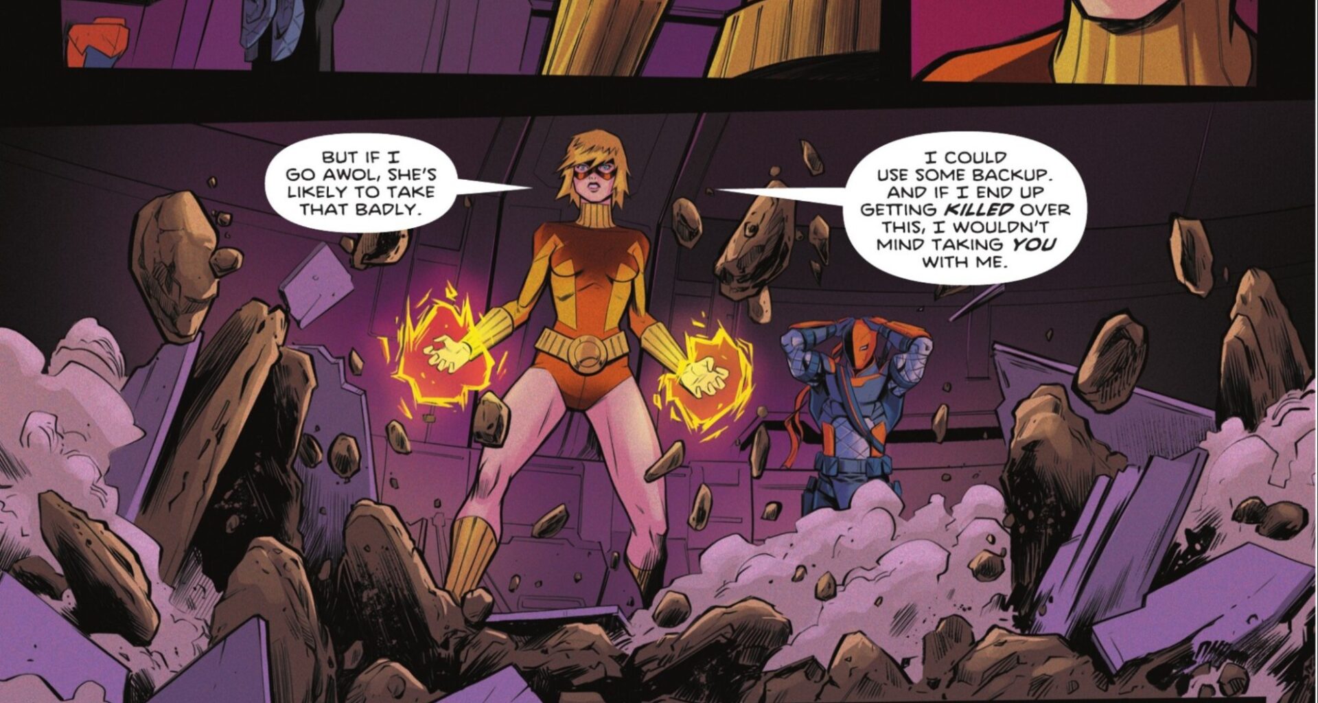 Terra using her powers with Deathstroke behind her putting on his mask