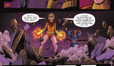 Terra using her powers with Deathstroke behind her putting on his mask