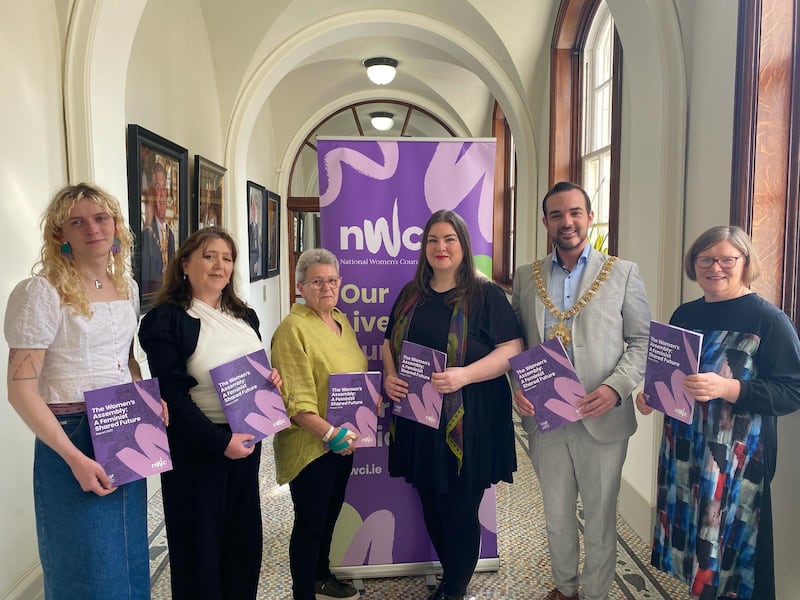 Launching a new report from the NWC at Belfast City Hall, pictured l-r; Alexa Moore, The Rainbow Project; Louise Bayliss, Society of Saint Vincent de Paul; Eileen Weir, Community Development Practitioner; Amanda Ferguson, Journalist; Lord Mayor Councillor Micky Murray; and Orla O’Connor, National Women’s Council.