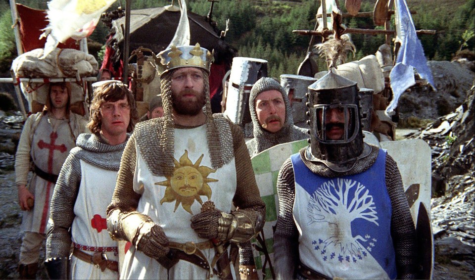 Still from *Monty Python and the Holy Grail* showing King Arthur and his knights.