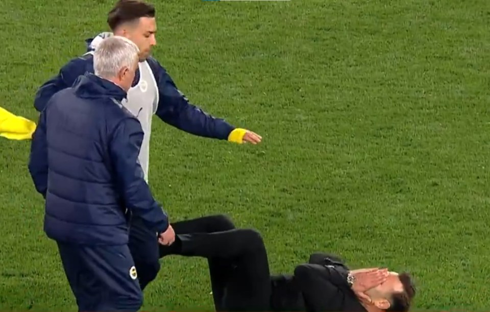 Jose Mourinho being helped up after an incident on the field.