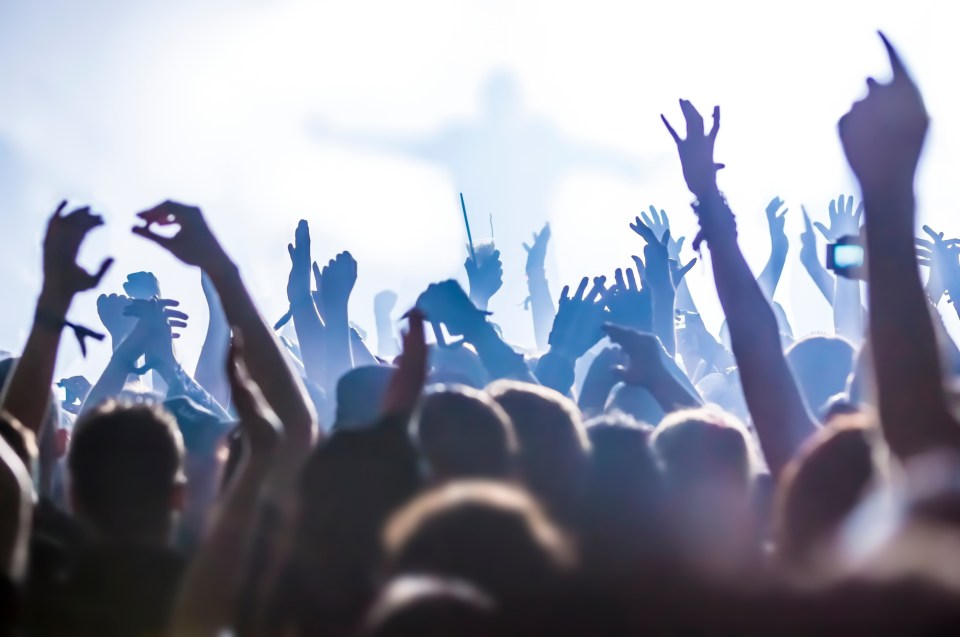 Crowd of people with raised hands at a concert.