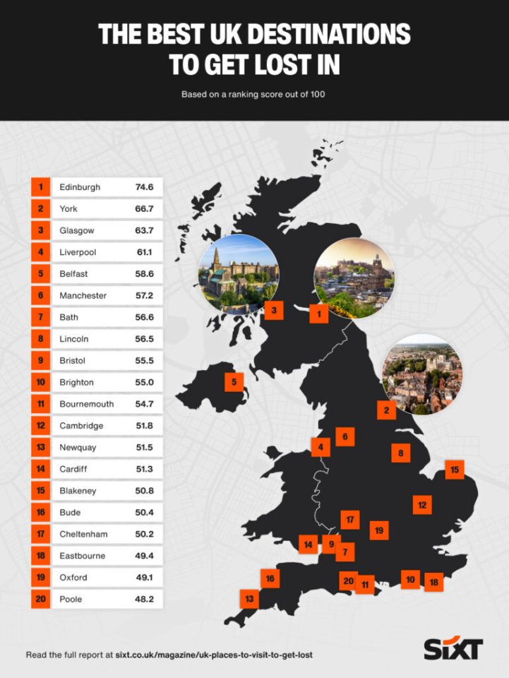 Illustration of a map of the UK highlighting the top 20 best destinations to visit.