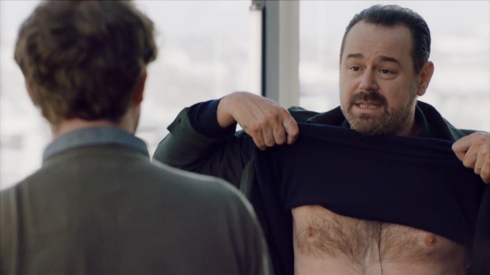 Man revealing his chest to another man.