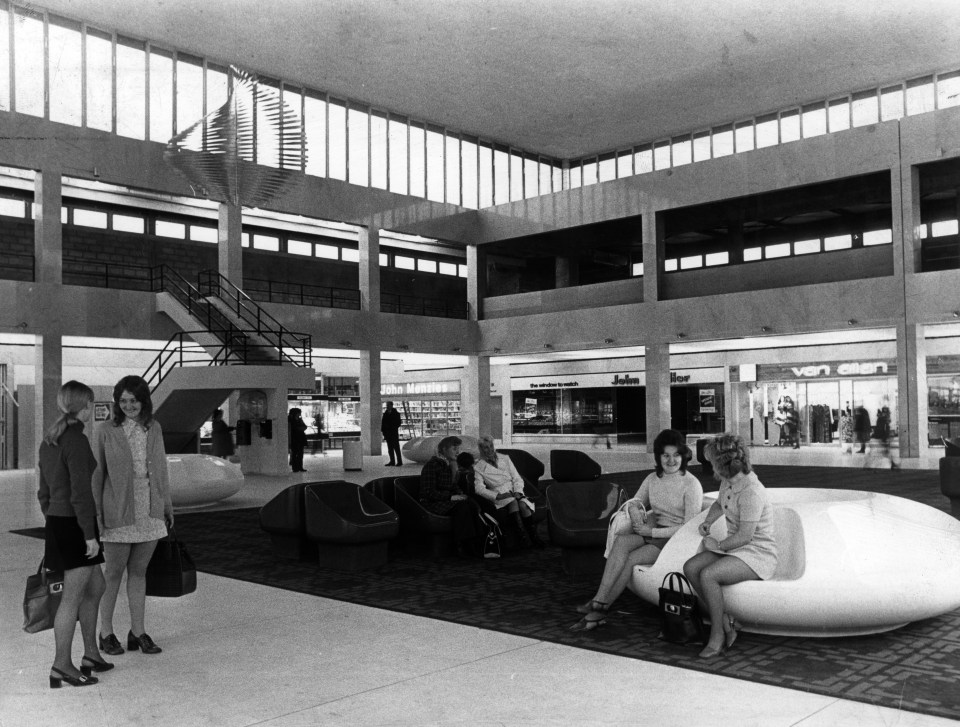 Black and white photo of Runcorn Shopping City in 1972.