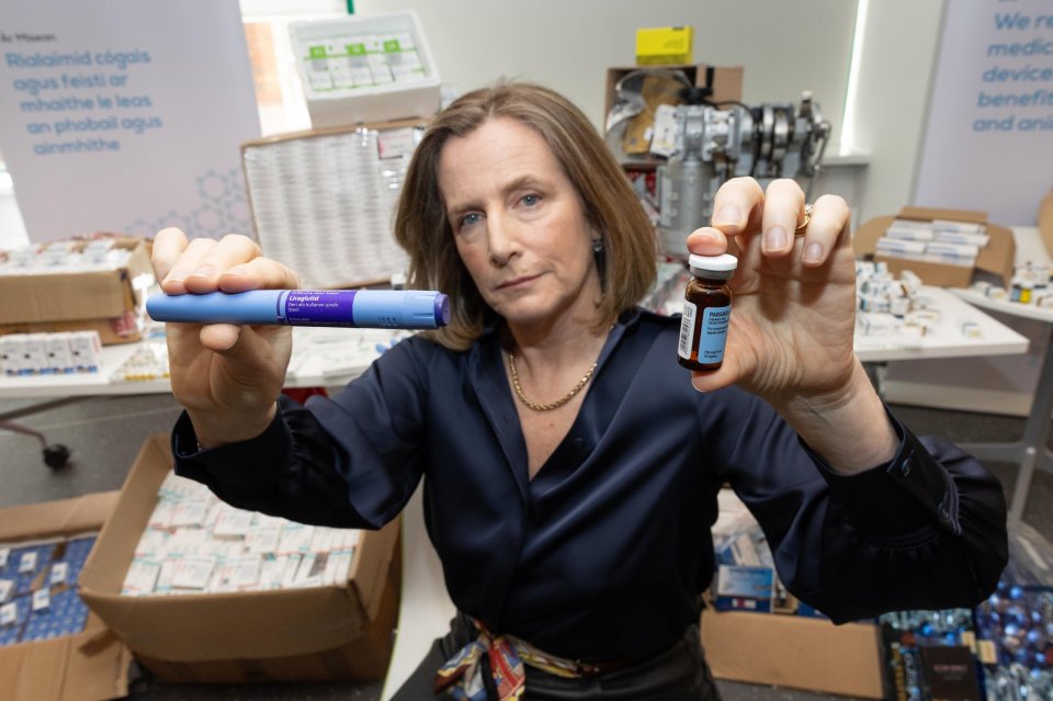 Photo of Grainne Power, Director of Compliance at the Health Products Regulatory Authority (HPRA), holding examples of falsified medicines.