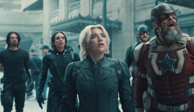 (L-R) Bucky Barnes (Sebastian Stan), Ghost (Hannah John-Kamen), Yelena Belova (Florence Pugh), John Walker (Wyatt Russell), and Red Guardian/Alexei Shostakov (David Harbour) in Marvel Studios' Thunderbolts