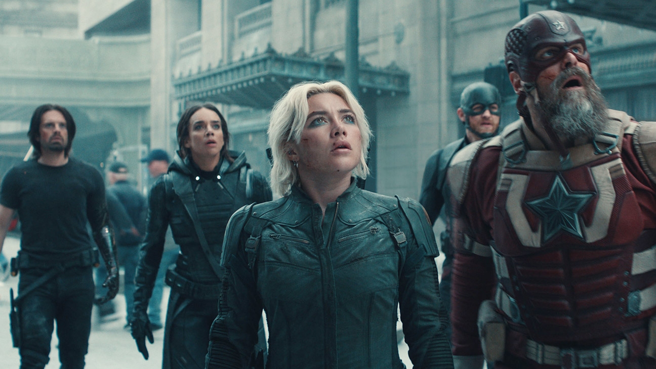 (L-R) Bucky Barnes (Sebastian Stan), Ghost (Hannah John-Kamen), Yelena Belova (Florence Pugh), John Walker (Wyatt Russell), and Red Guardian/Alexei Shostakov (David Harbour) in Marvel Studios' Thunderbolts