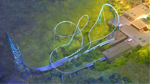 Concept art of a blue coaster with the towering spike track at the Universal Studios Great Britain theme park opening in 2031 outside London. (Courtesy of Universal Studios)