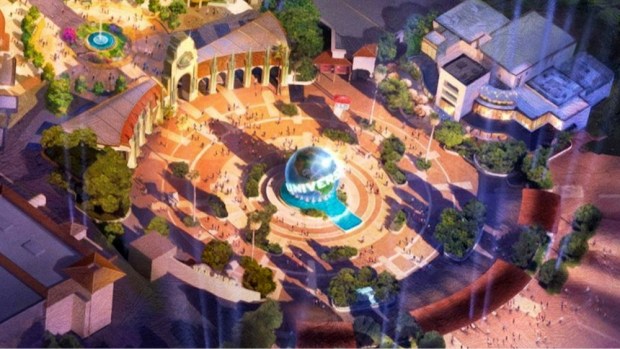 Concept art of the familiar Universal globe and arch at the entrance to the Universal Studios Great Britain theme park opening in 2031 outside London. (Courtesy of Universal Studios)