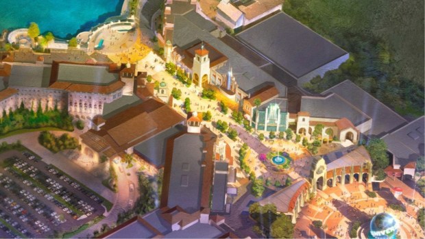 Concept art of the entry promenade at the Universal Studios Great Britain theme park opening in 2031 outside London. (Courtesy of Universal Studios)
