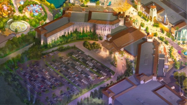 Concept art of the 500-room hotel planned for the Universal Studios Great Britain theme park opening in 2031 outside London. (Courtesy of Universal Studios)