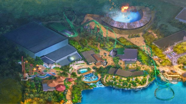 Concept art of a themed land with conical roofs, rocky rapids and a green roller coaster at the Universal Studios Great Britain theme park opening in 2031 outside London. (Courtesy of Universal Studios)