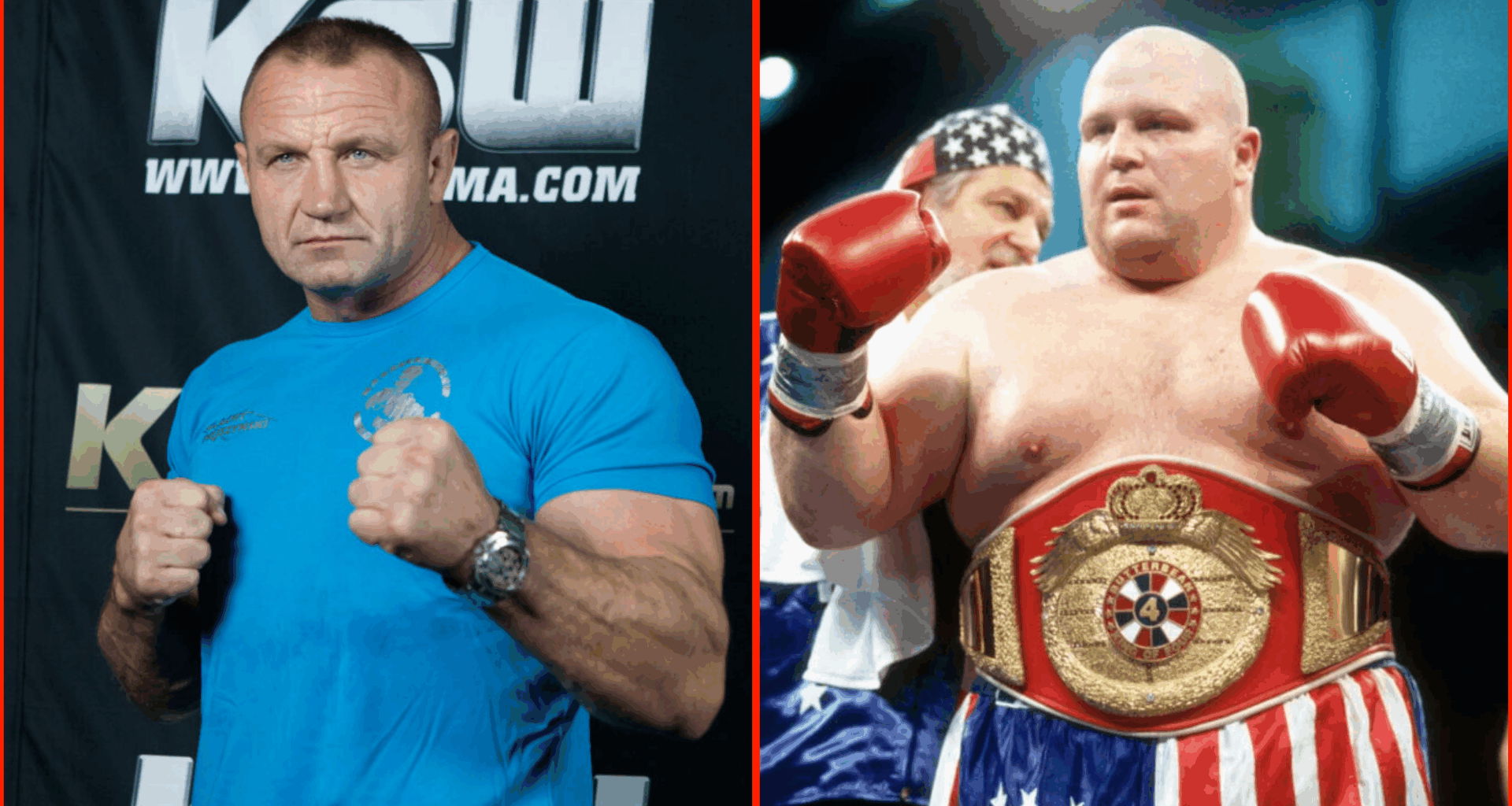 Split image of Mariusz Pudzianowski and Butterbean posing with their fists in the air