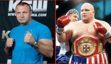 Split image of Mariusz Pudzianowski and Butterbean posing with their fists in the air
