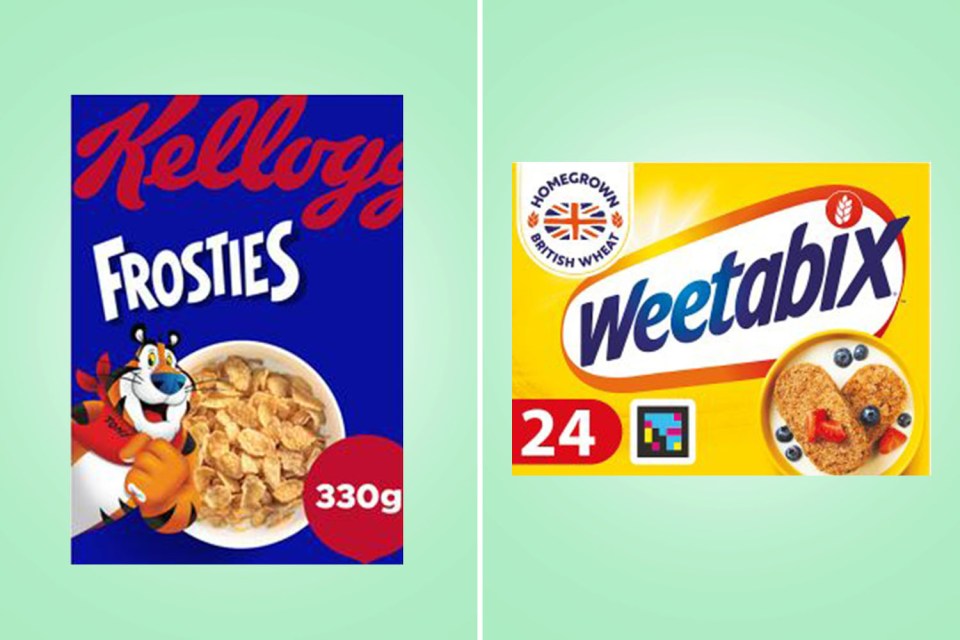 Kellogg's Frosted Flakes and Weetabix boxes.