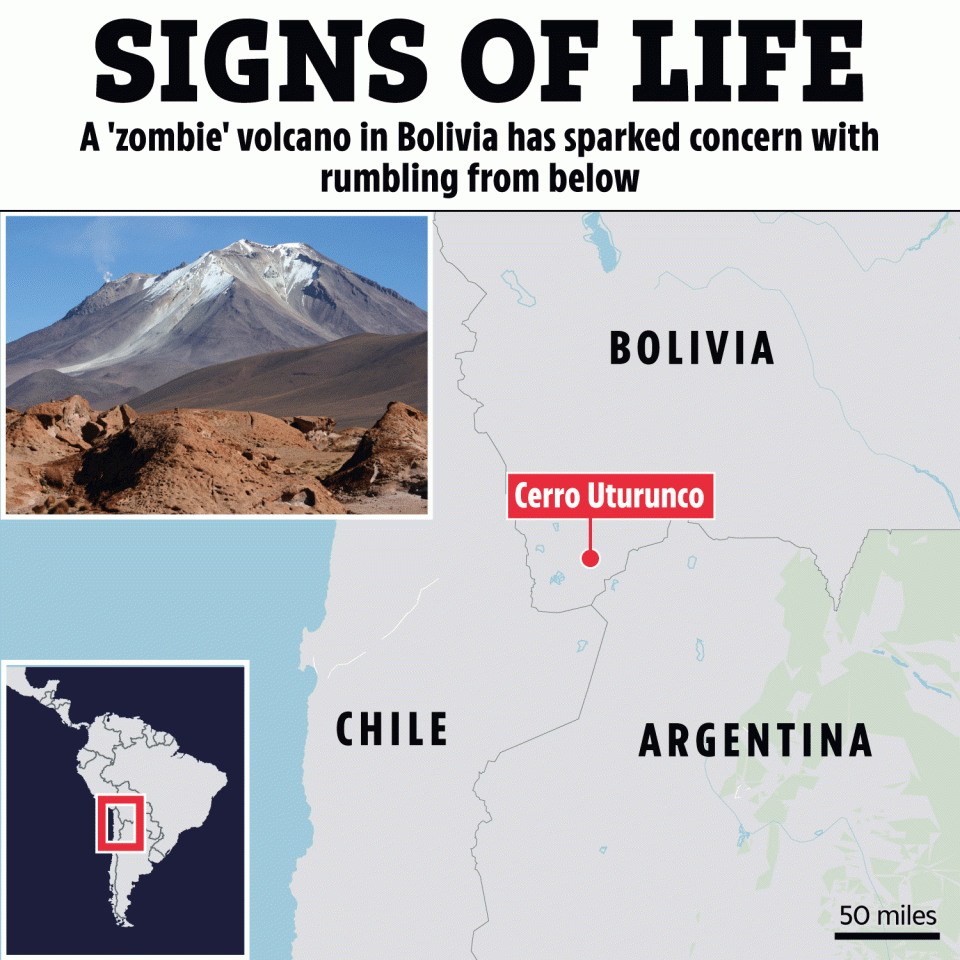 Map showing the location of Cerro Uturunco volcano in Bolivia.