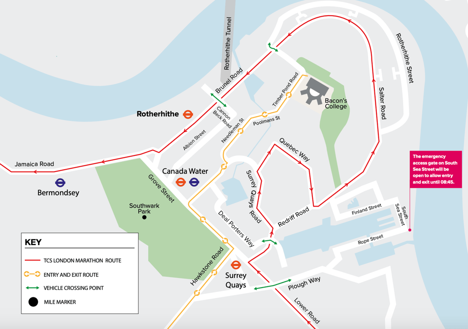 Road closures in Rotherhithe for the London Marathon