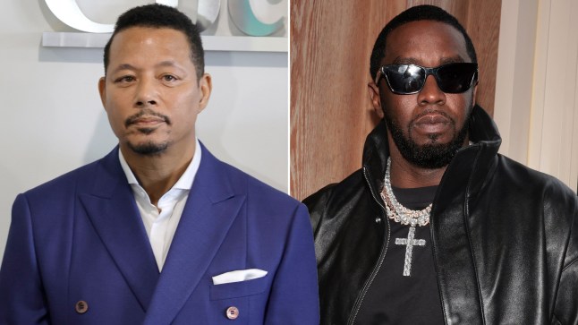 Terrence Howard in a purple suit and white shirt, and SEan 'Diddy' Combs at a separate event in a black leather jacket, sunglasses and big gold necklace