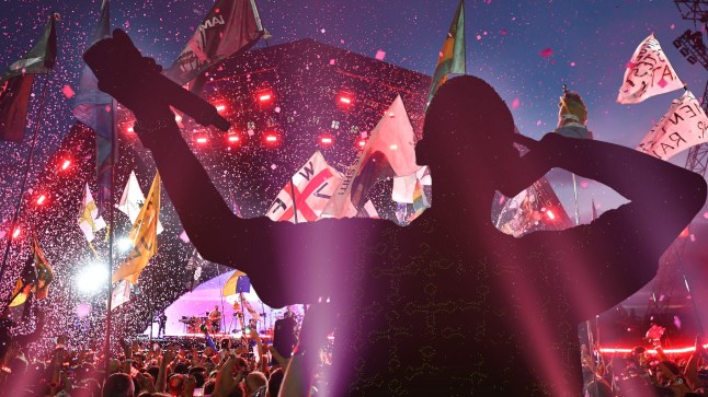 A compilation image of Example in silhouette in front of the Pyramid Stage at Glastonbury Festival