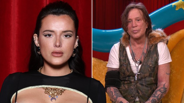 Bella Thorne at an event, next to Mickey Rourke sitting in the Diary Room on Celebrity Big Brother.