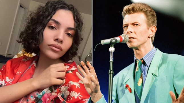 Lexie Jones selfie beside picture of her dad david bowie in green suit singing into microphone