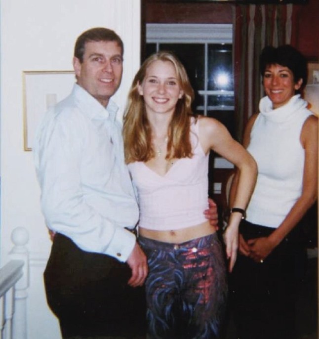 Undated handout photo issued by the US Department of Justice (left-right) of the Duke of York, Virginia Giuffre, and Ghislaine Maxwell. Disgraced British socialite Ghislaine Maxwell has said the well-known photo showing the Duke of York next to Virginia Giuffre is fake. Maxwell, 61, who was convicted of sex trafficking, has previously cast doubt on the authenticity of the photo, said to be taken inside her Mayfair home, showing Andrew with his arm around Ms Giuffre, and Maxwell in the background. Speaking from prison in the US to Talk TV, Maxwell said she is 
